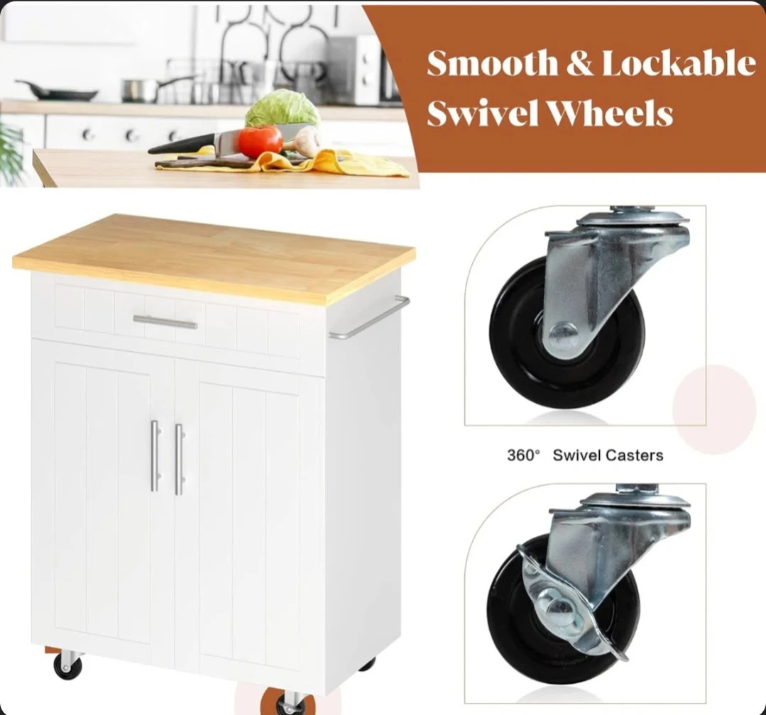 White Kitchen Cart with Wood Top and Wheels - photo 4