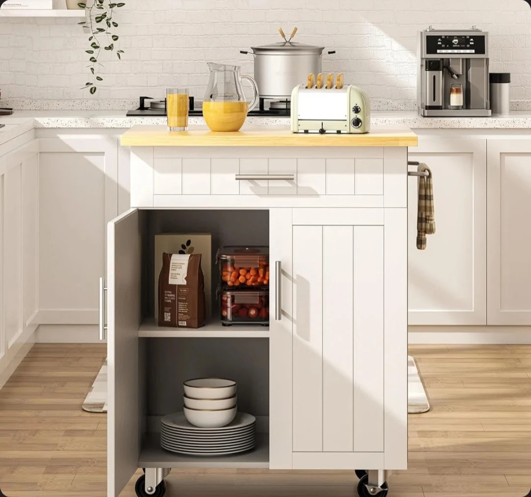 White Kitchen Cart with Wood Top and Wheels - photo 5