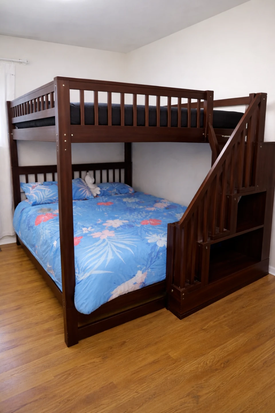 Dark Wood Full Size Bunk Bed with Stairs, Shelving and Trundle