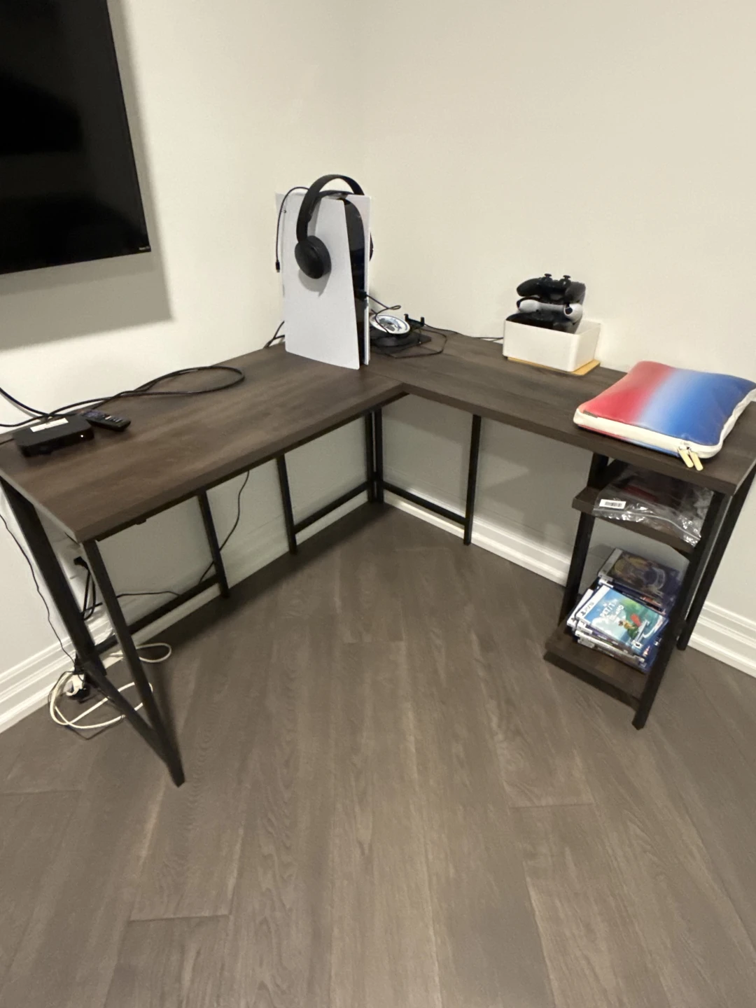 Dark Wood L-Shaped Computer Desk with Shelf