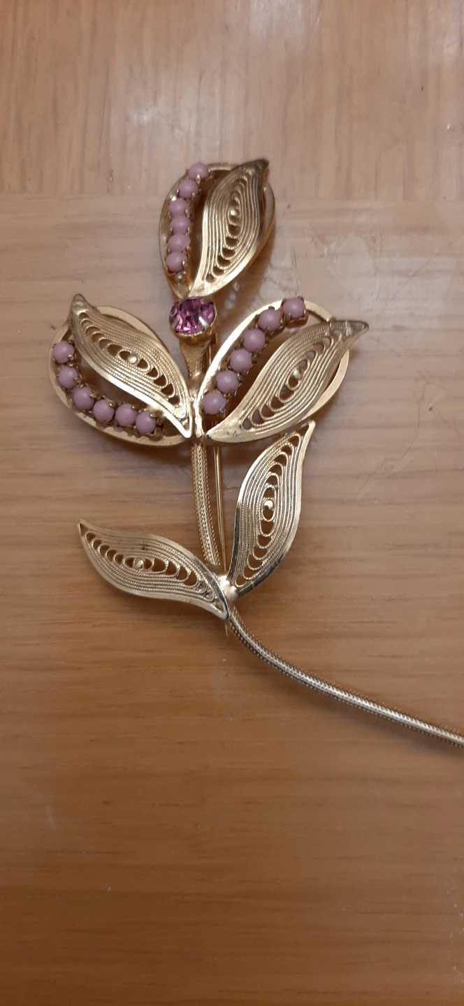 Gold Tone Tulip Brooch with Pink Beads - photo 3