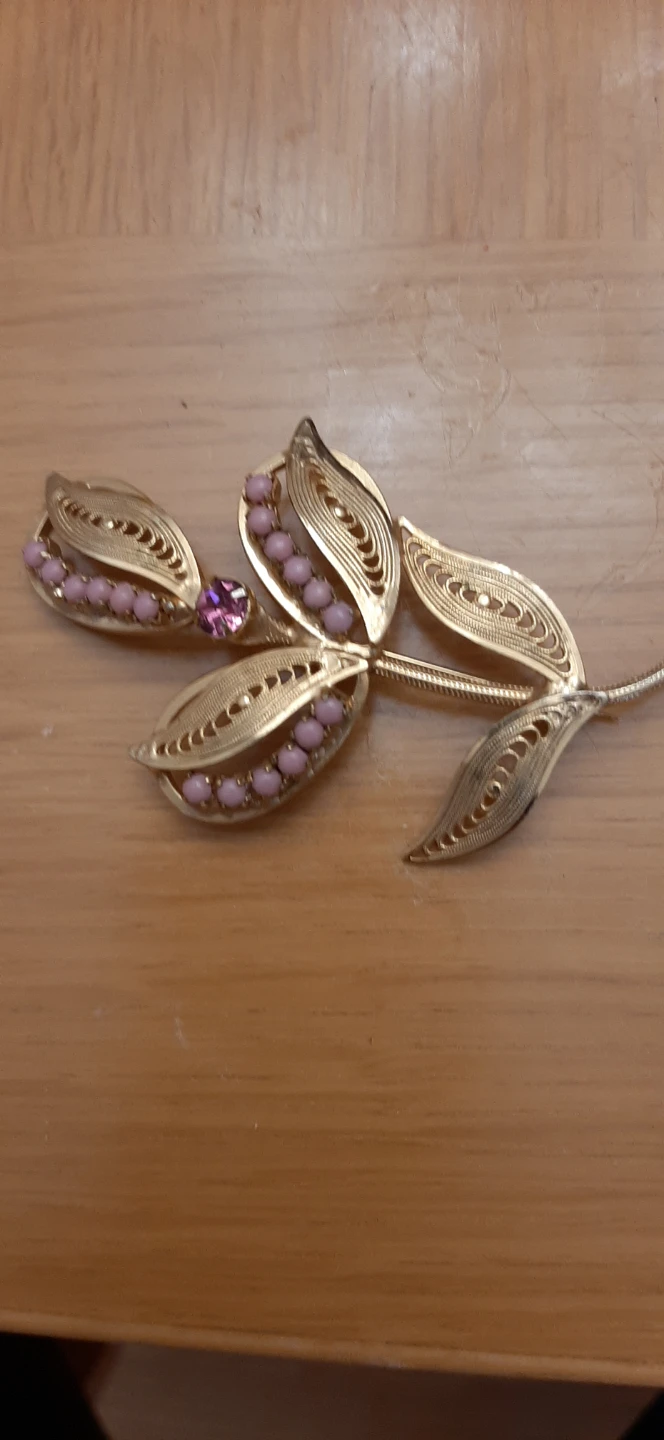 Gold Tone Tulip Brooch with Pink Beads