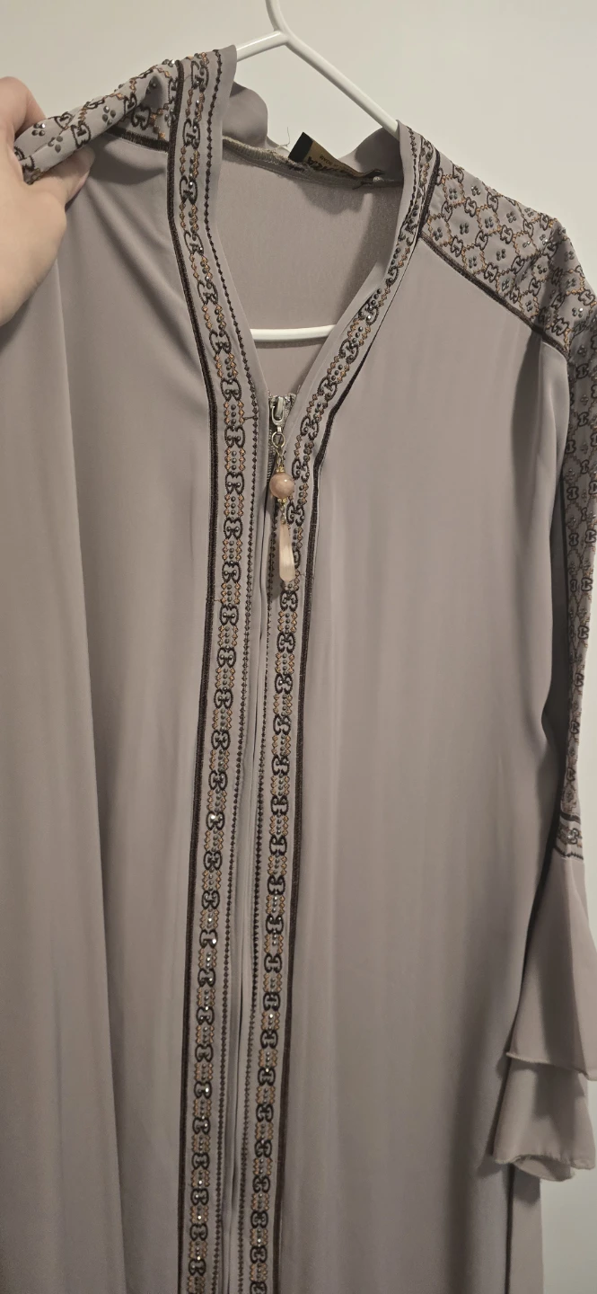 Beige Embellished front zipper Abaya