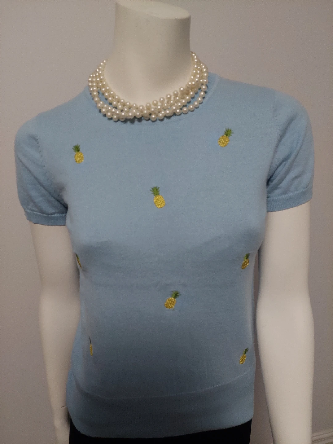 Light Blue Knit Top with Pineapple Embroidery Cotton XS