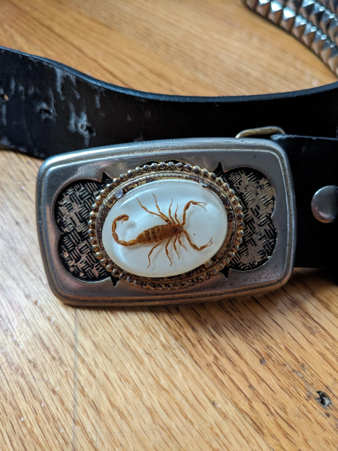 Studded Leather Belt with Scorpion Buckle - photo 2