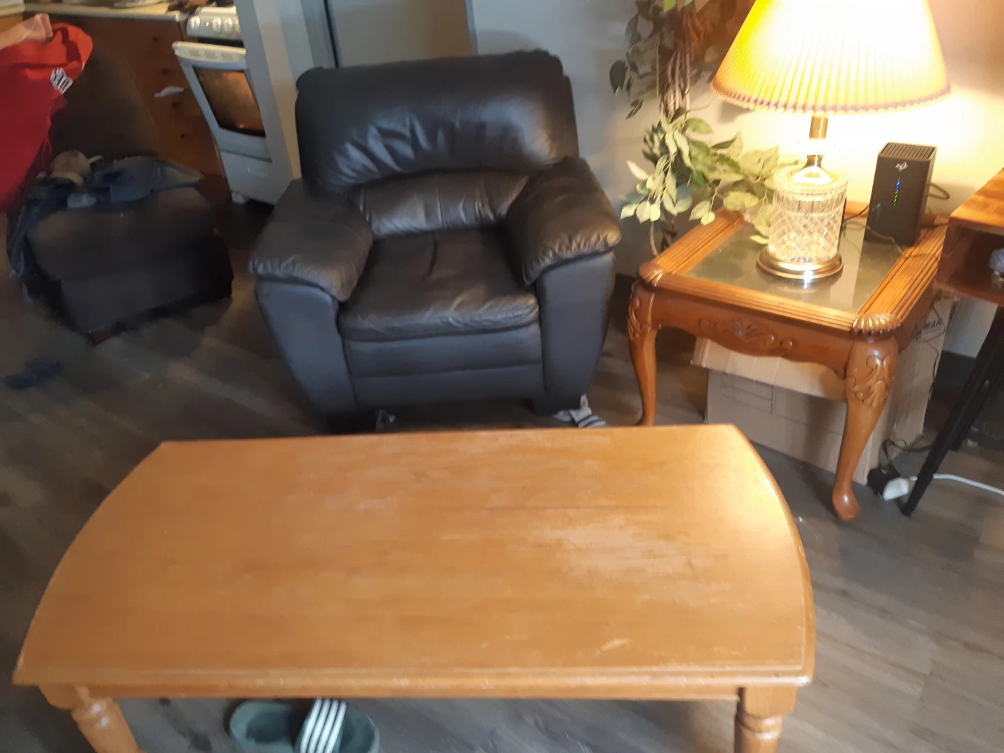 Leather chair end table coffee table lamp fake tree - photo 2