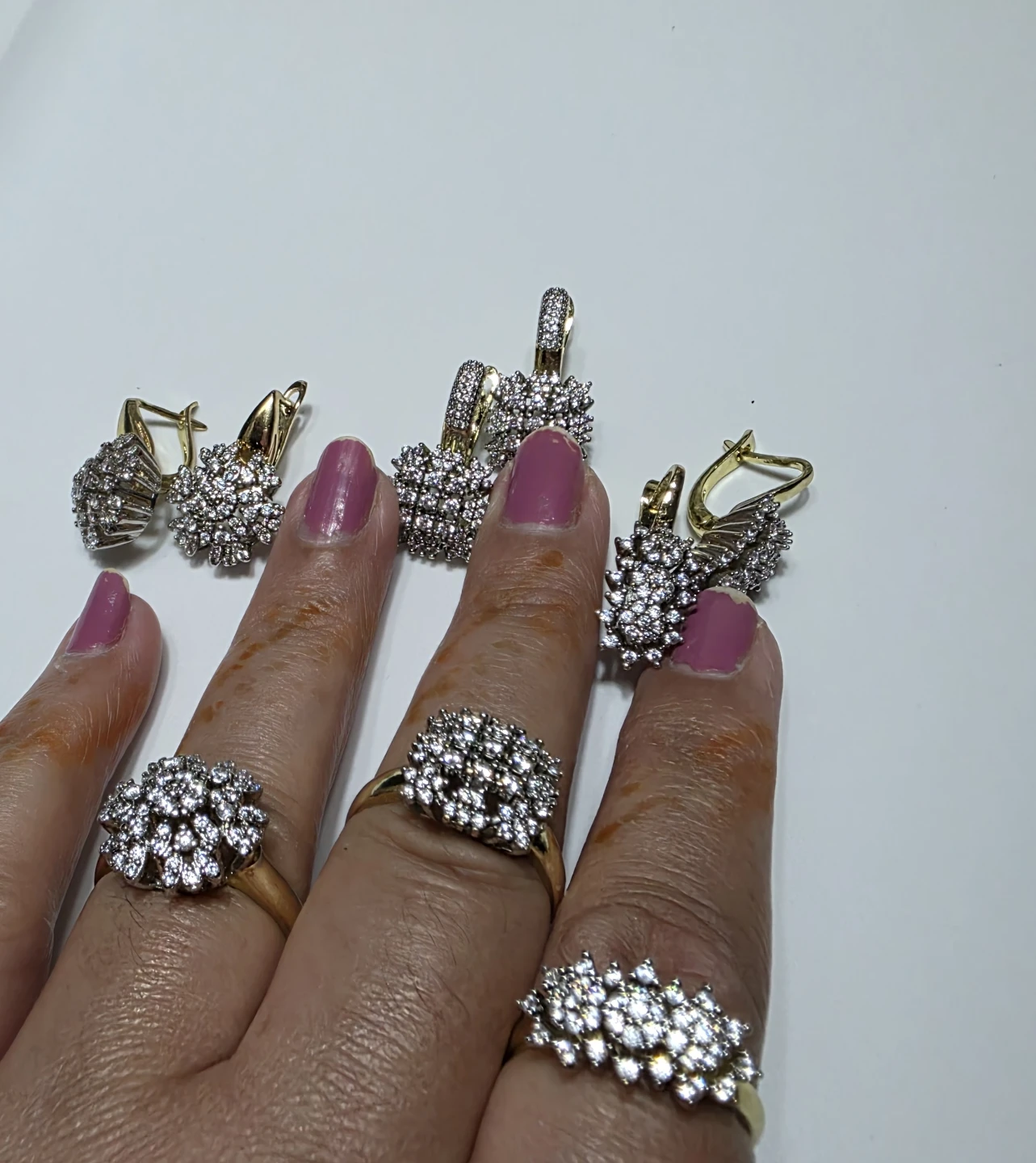 Gold Diamond Cluster Rings and Earrings Set
