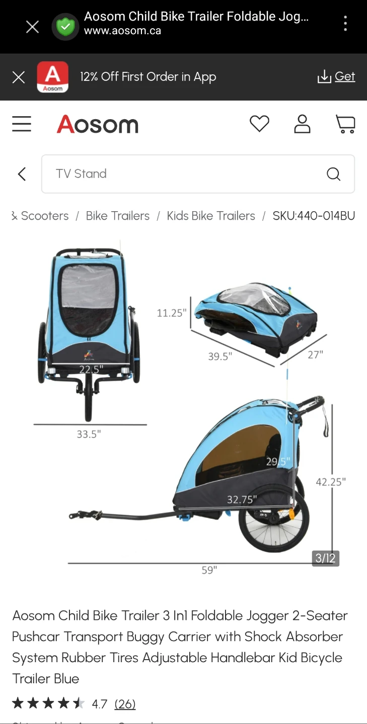 Aosom 3 in 1 Foldable Jogger/Stroller/Trailer - 2 Seater