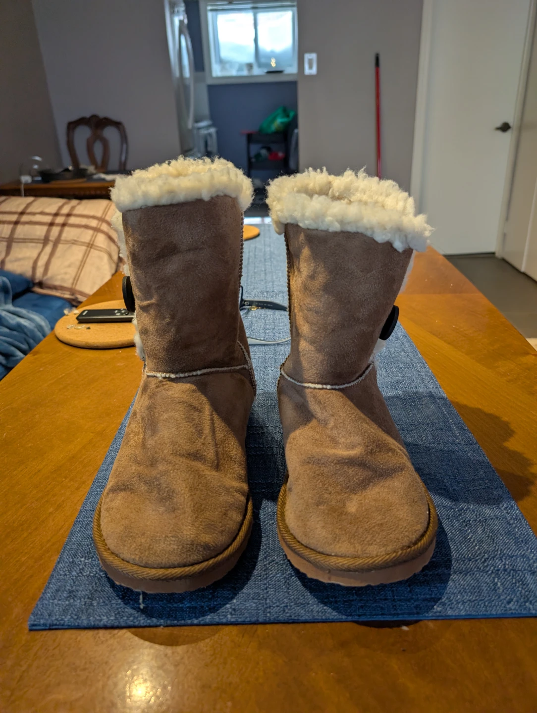 Brown Faux Suede Winter Boots with Button Detail
