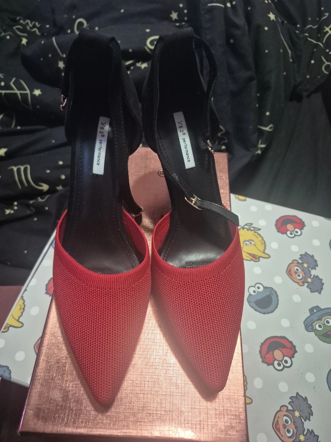 Red and Black Knit Pointed Toe Heels