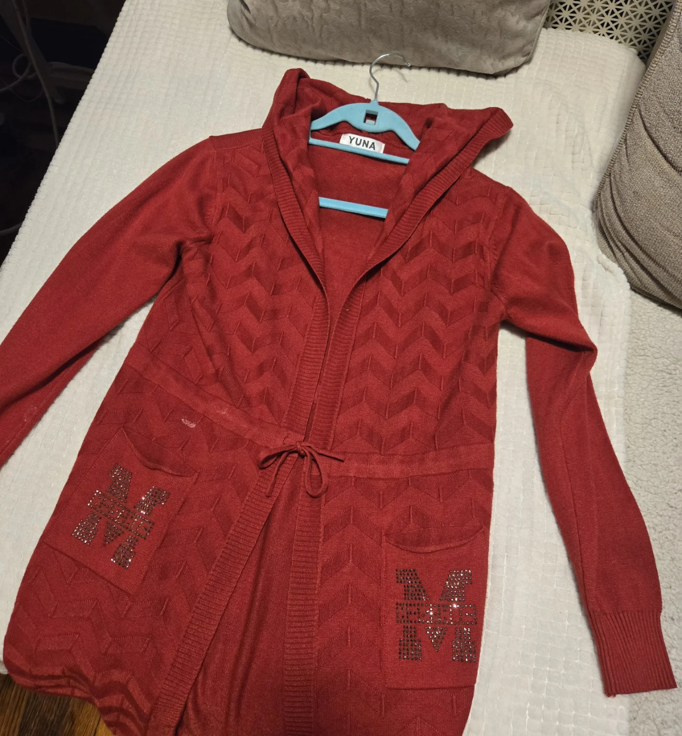 Red hooded cardigan with pockets