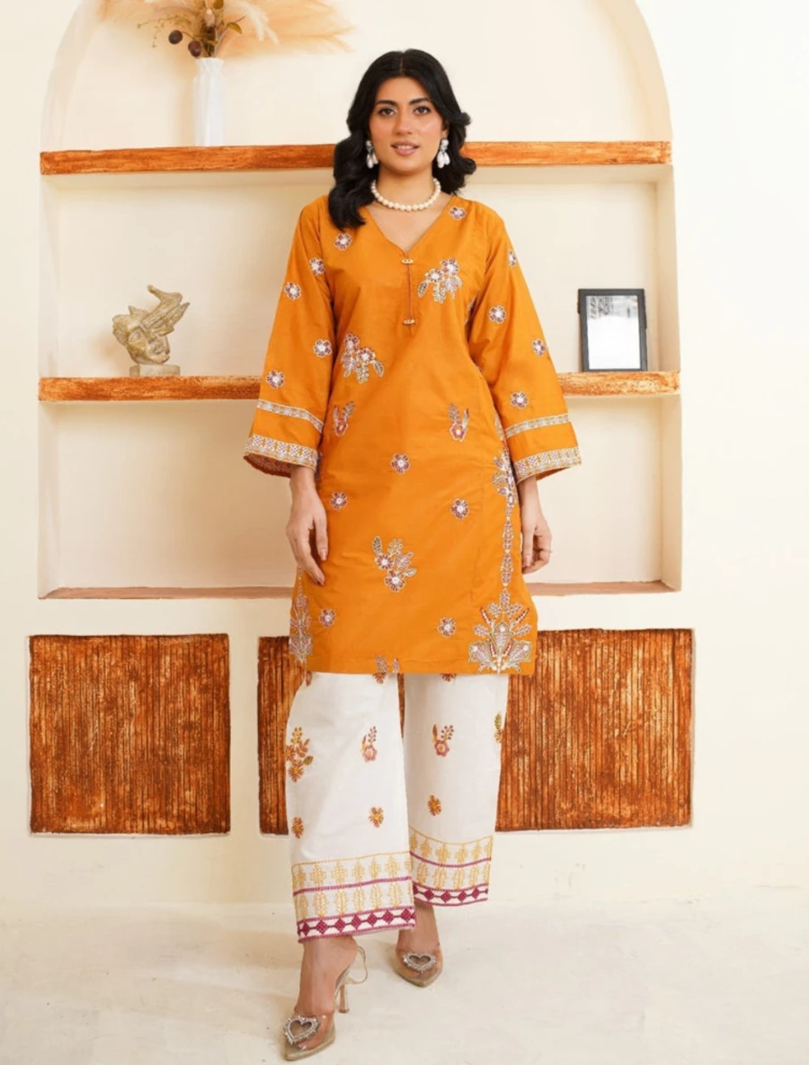 Women's Orange Embroidered Kurti and White Pants Set