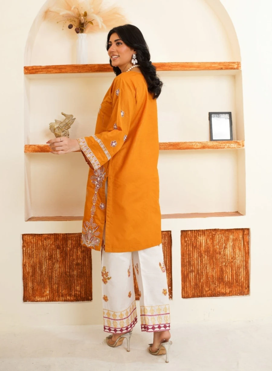 Women's Orange Embroidered Kurti and White Pants Set - photo 3