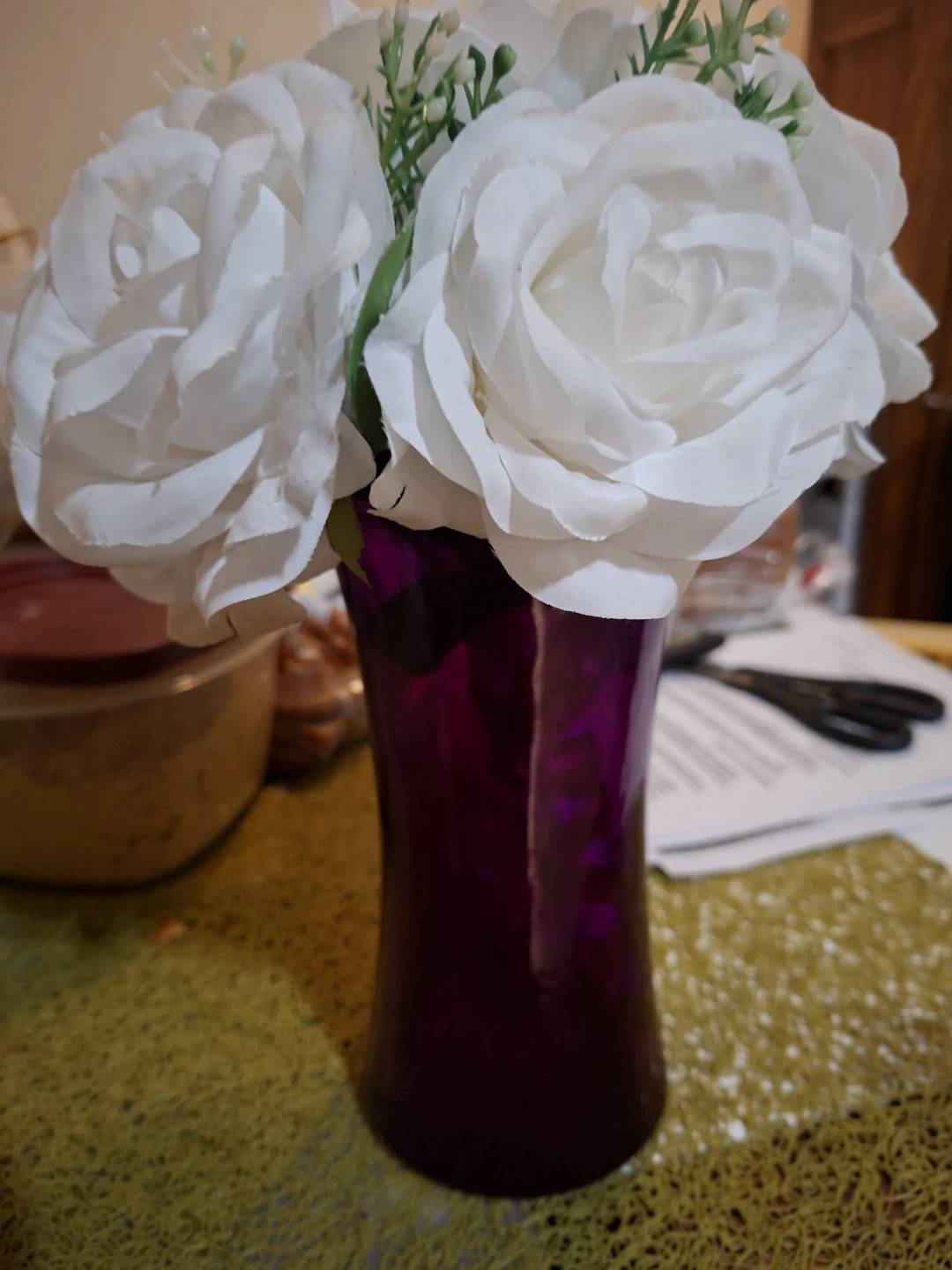 White Artificial Roses in Purple Vase - photo 2