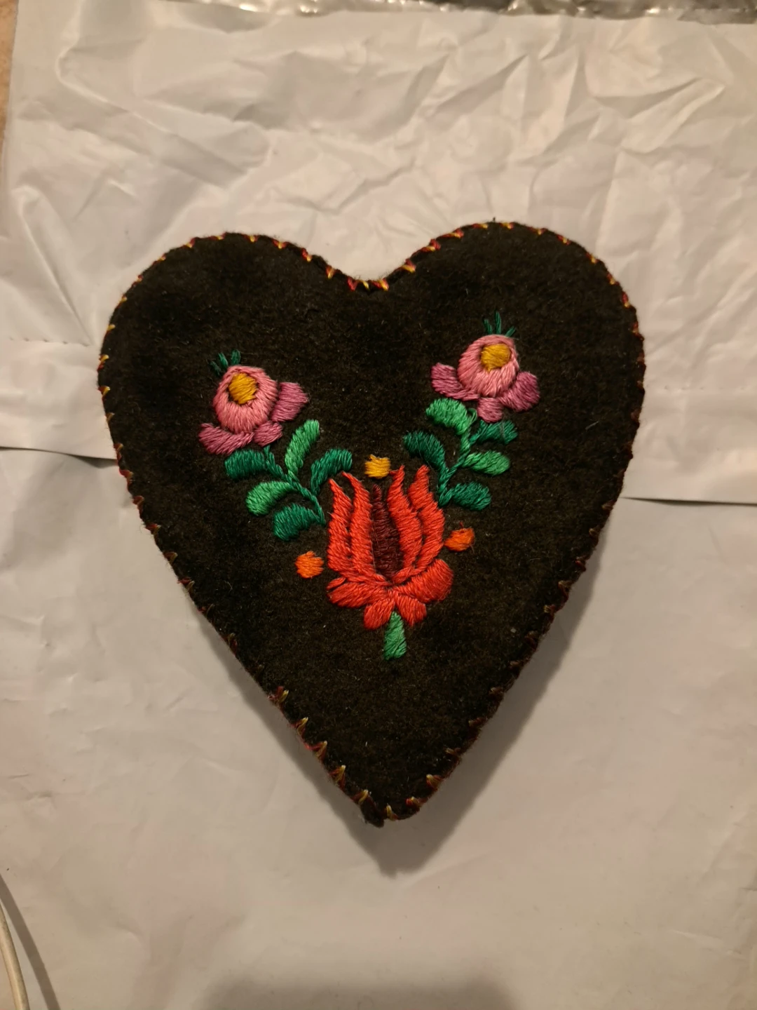 Vintage Handmade Hungarian Heart Shaped Embroidered Felt Box