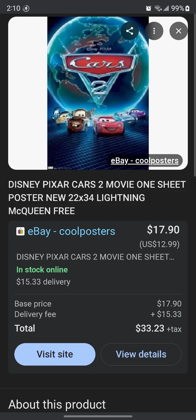 Disney Pixar Cars 2 Movie Poster 22x34 - photo 2