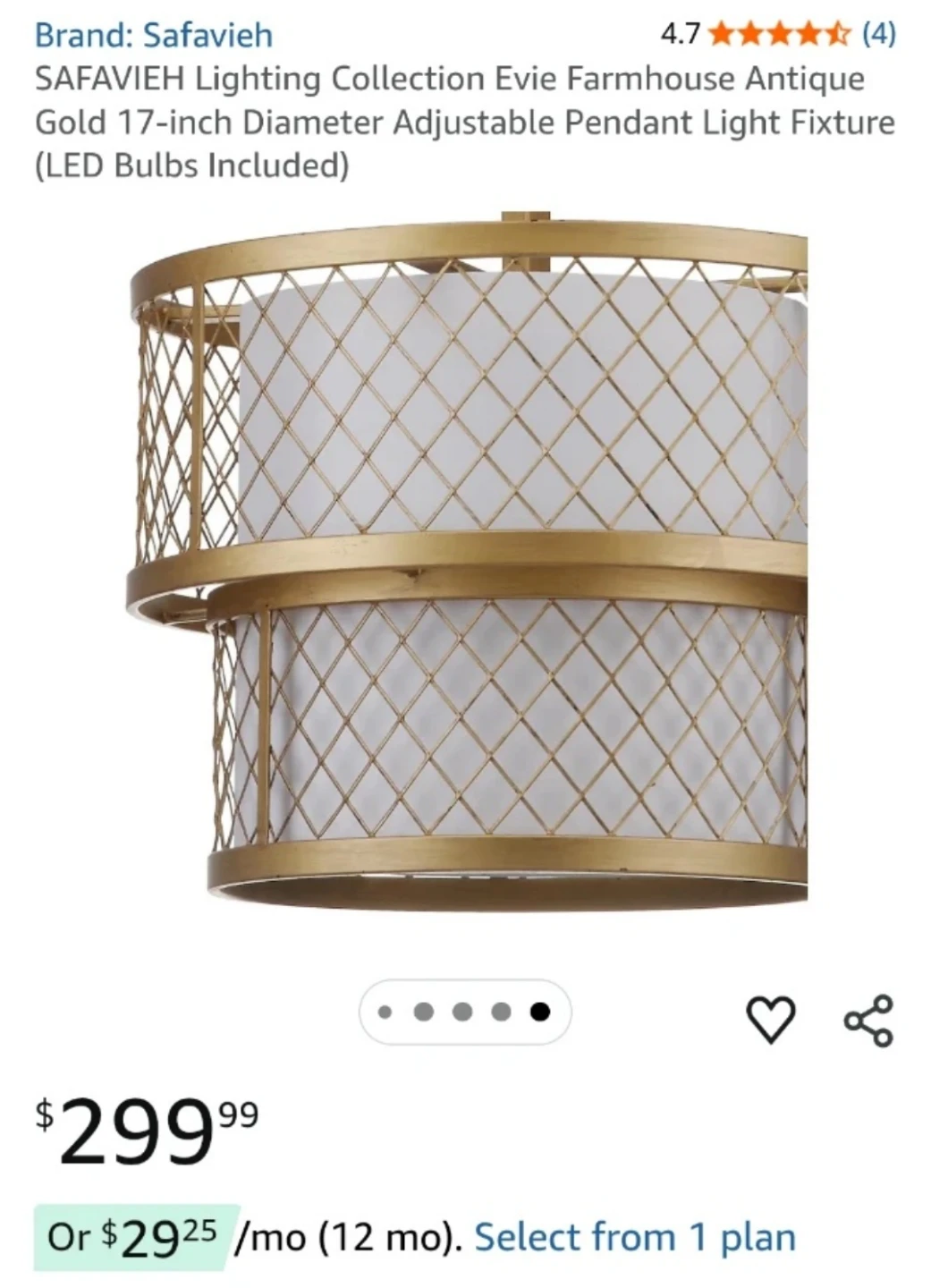 Safavieh Lighting Collection Evie Antique Gold Pendant Light