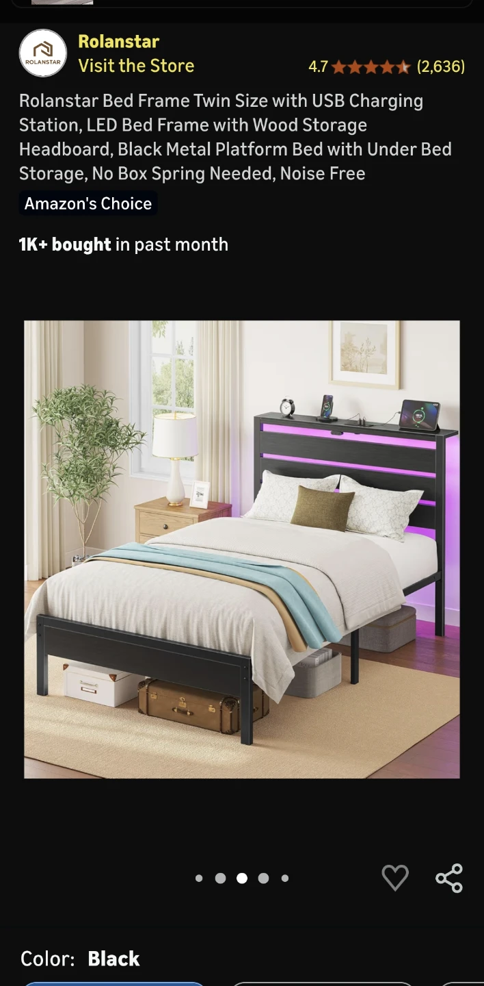 Rolanstar Twin Bed Frame w/ USB Charging, Black