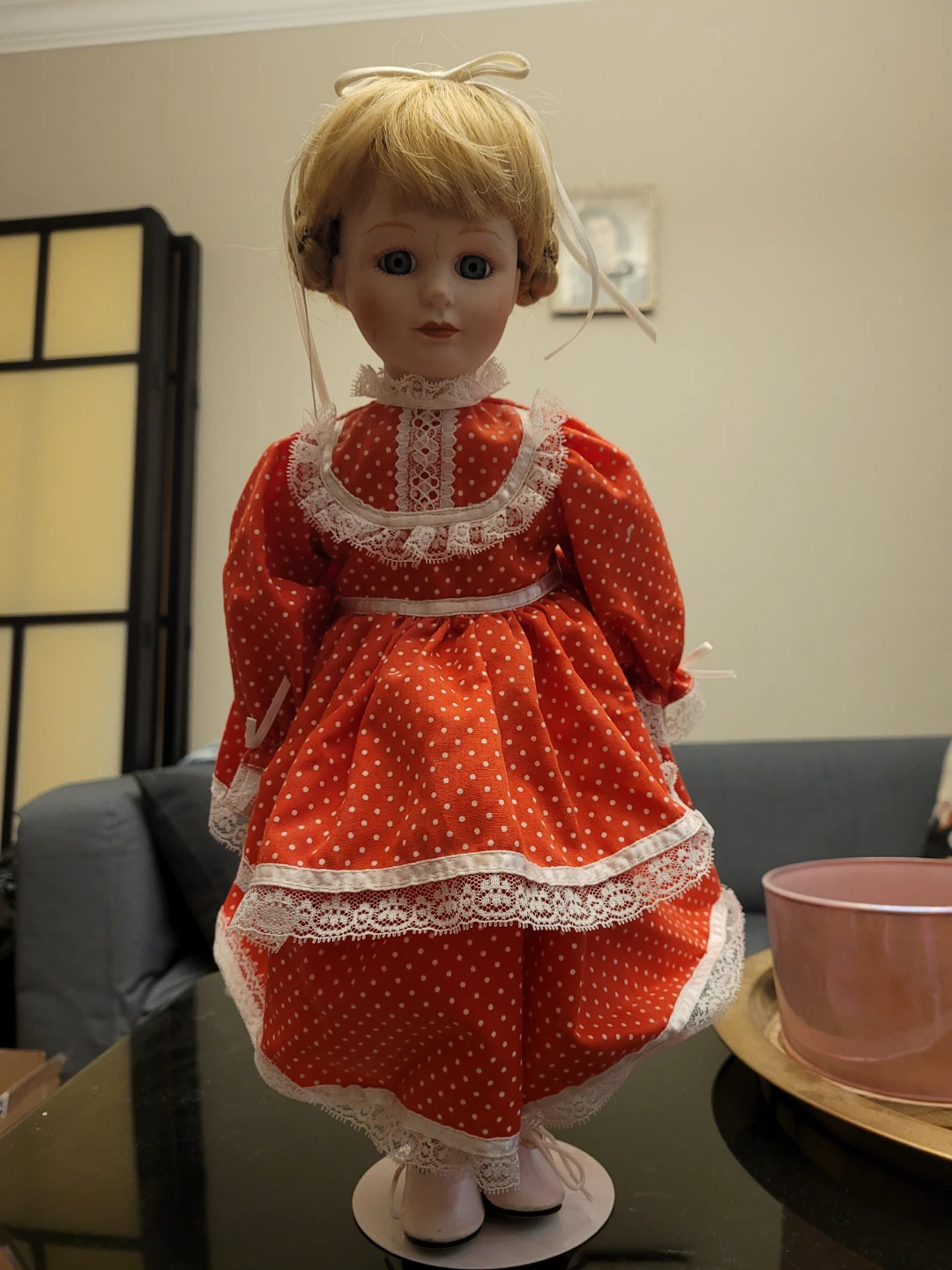 Porcelain Doll in Red Polka Dot Dress