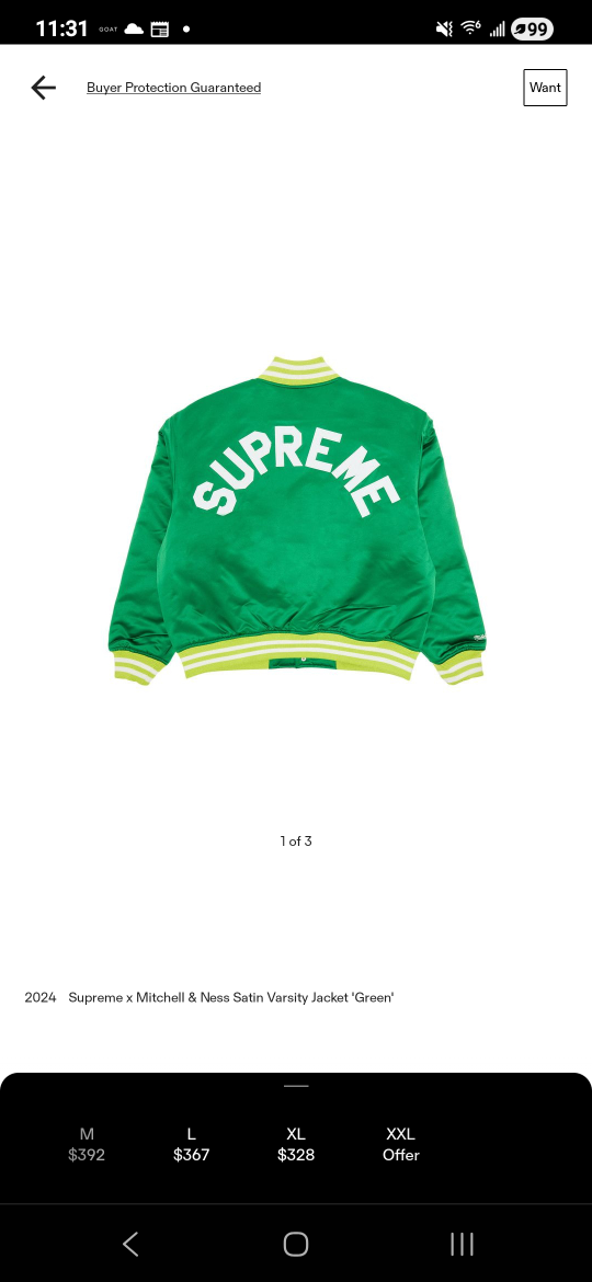 Supreme x Mitchell & Ness Satin Varsity Jacket Green US L