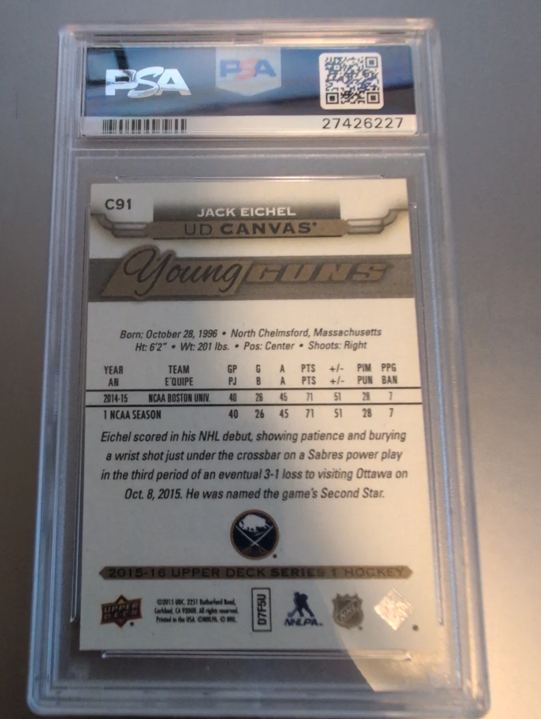 Jack Eichel 2015 UD Canvas Young Guns Hockey Card PSA 10 - photo 2