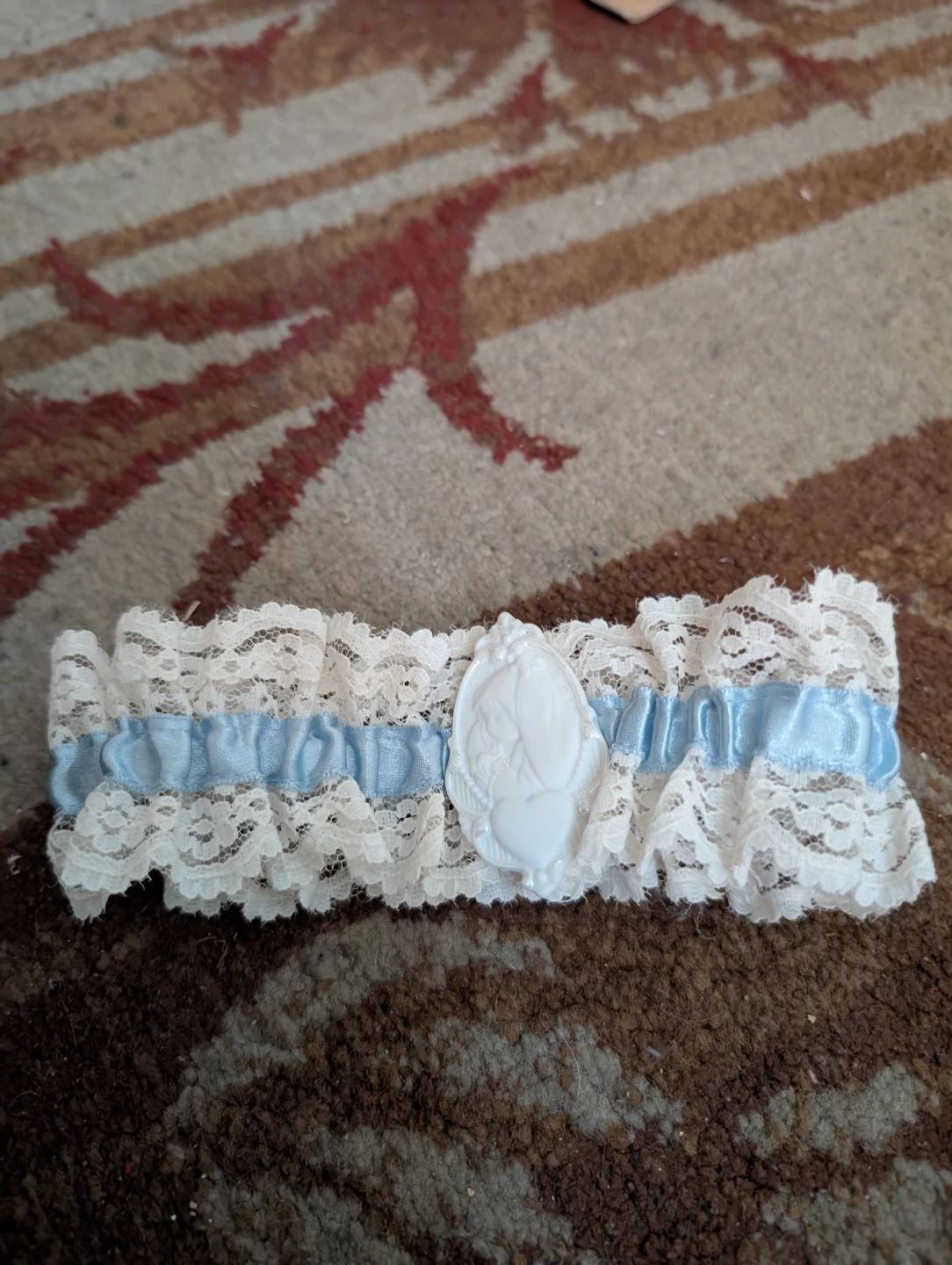 White Lace Garter with Blue Ribbon and Cameo Accent