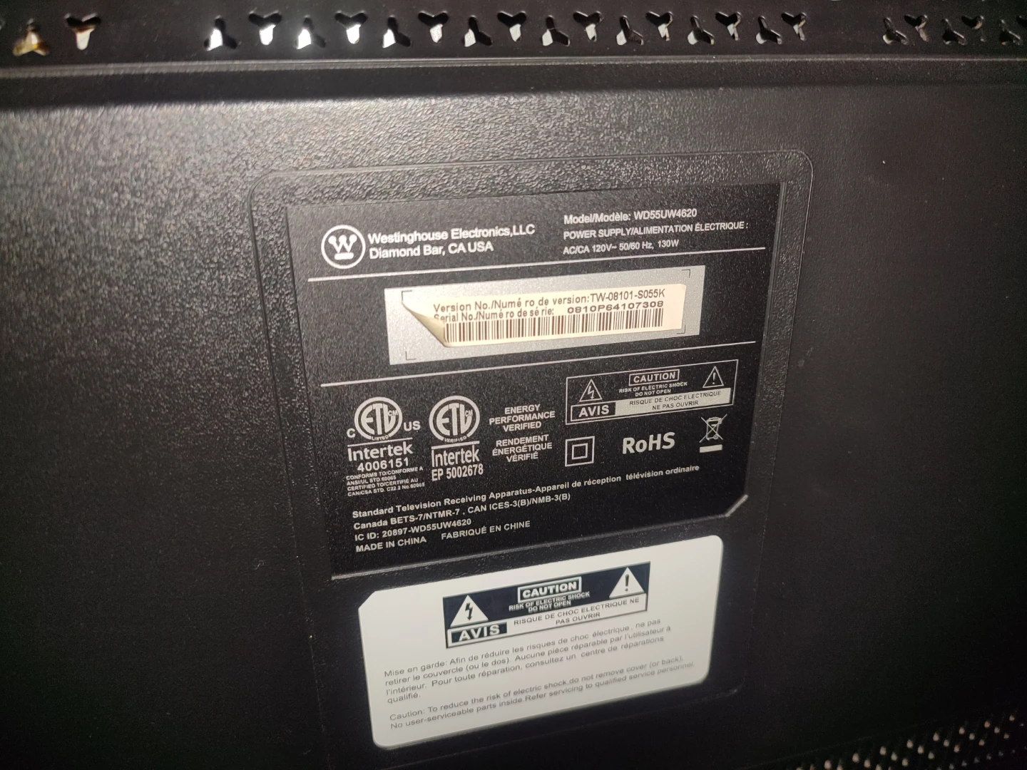 Westinghouse 55" Smart 4K TV (WD55UW4620) backlight issue. - photo 2