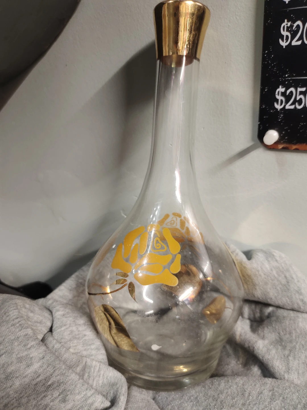 Clear Glass Vase with Gold Rose Design and Gold Trim