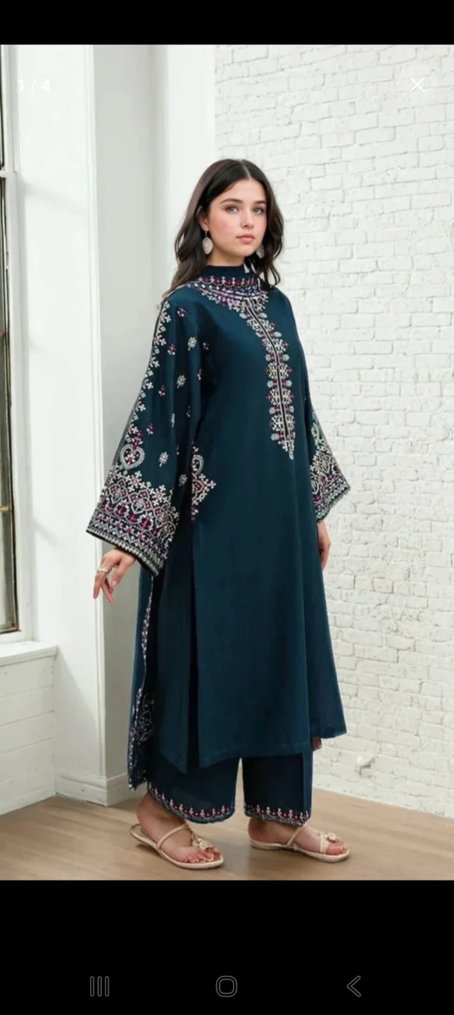 Teal Embroidered Kurti Pant Set