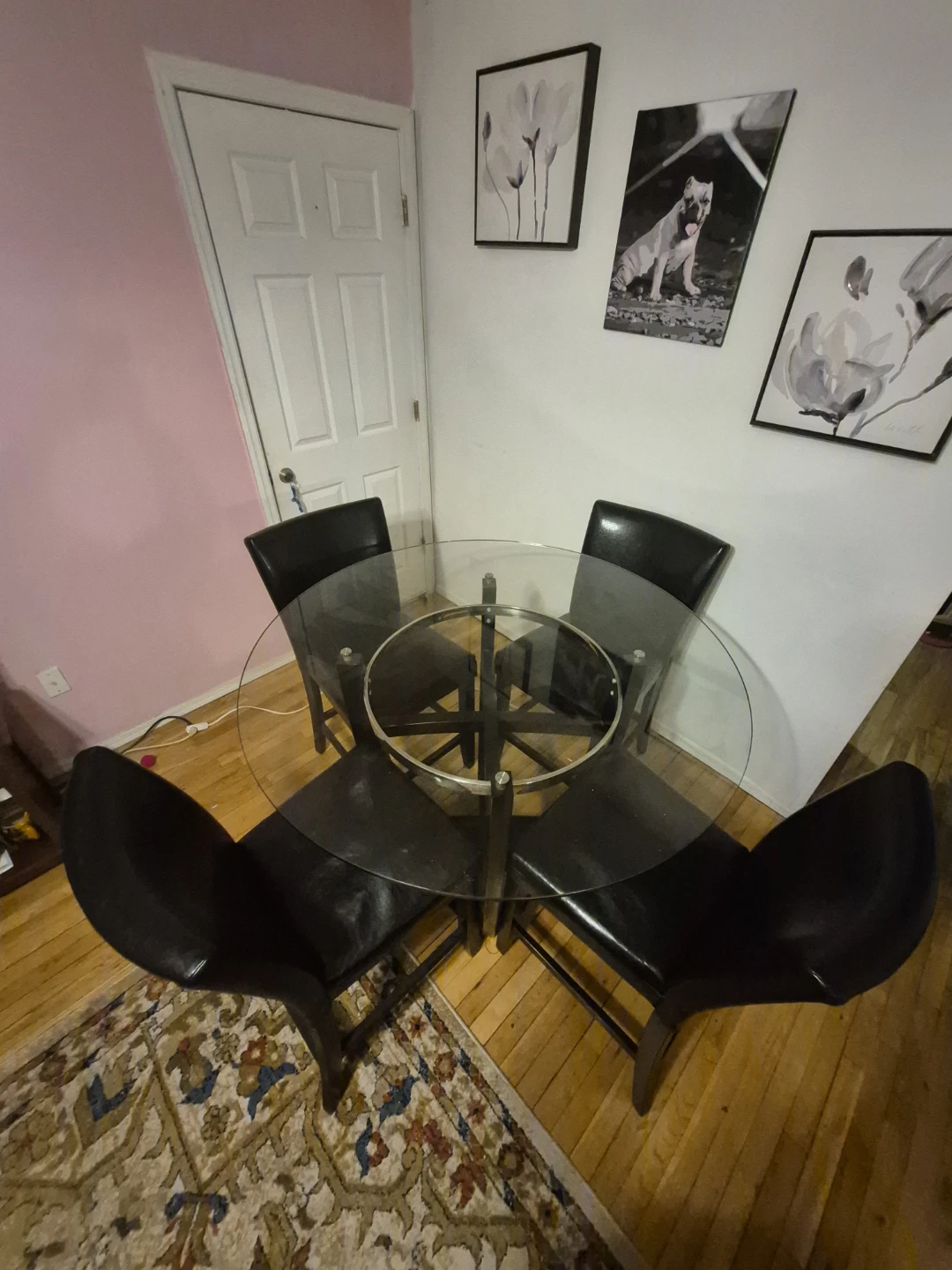 Glass Dining Table with 4 Black Chairs
