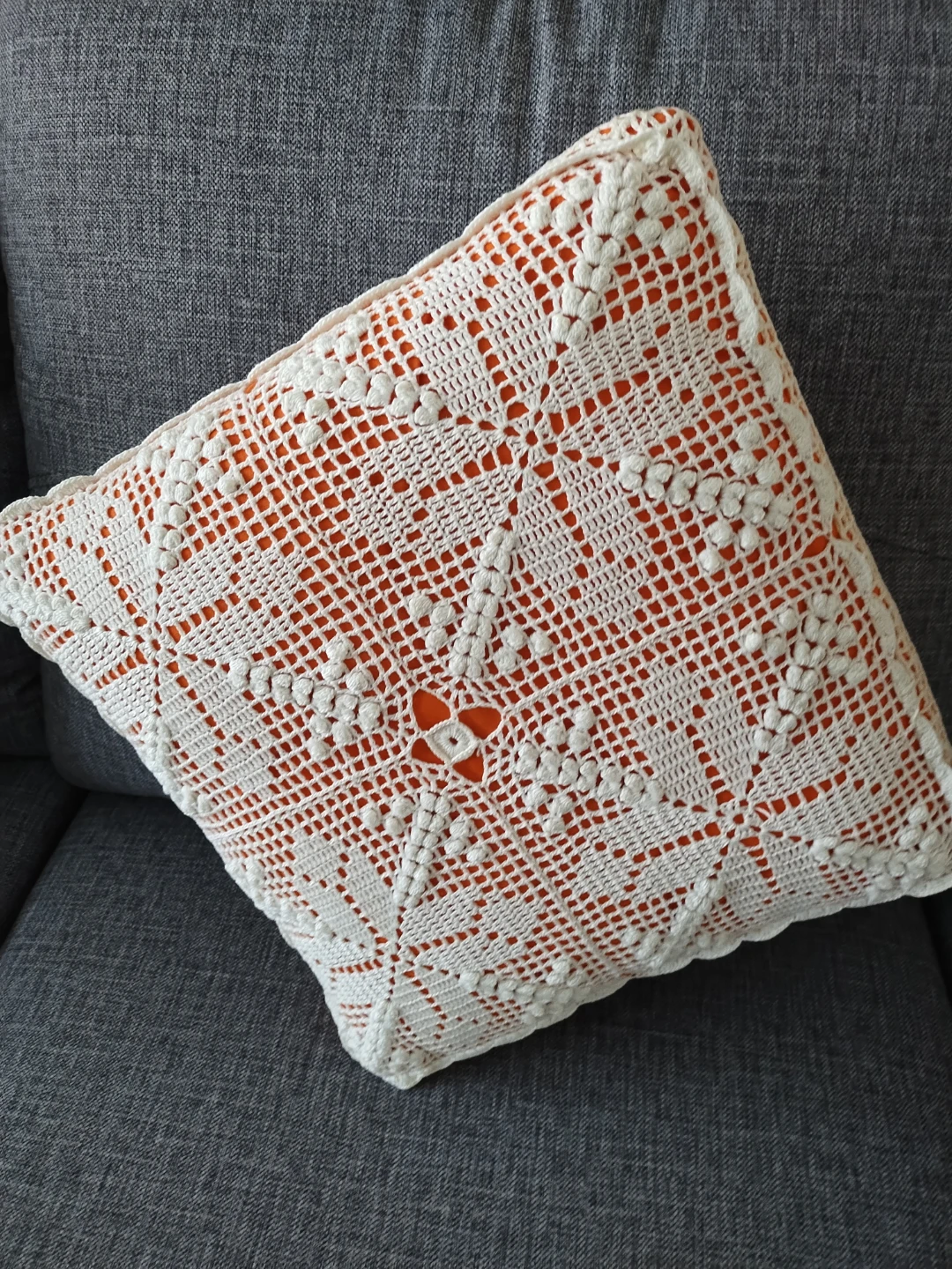 Off-White Handmade Crochet Square pillow with Orange Insert - photo 3