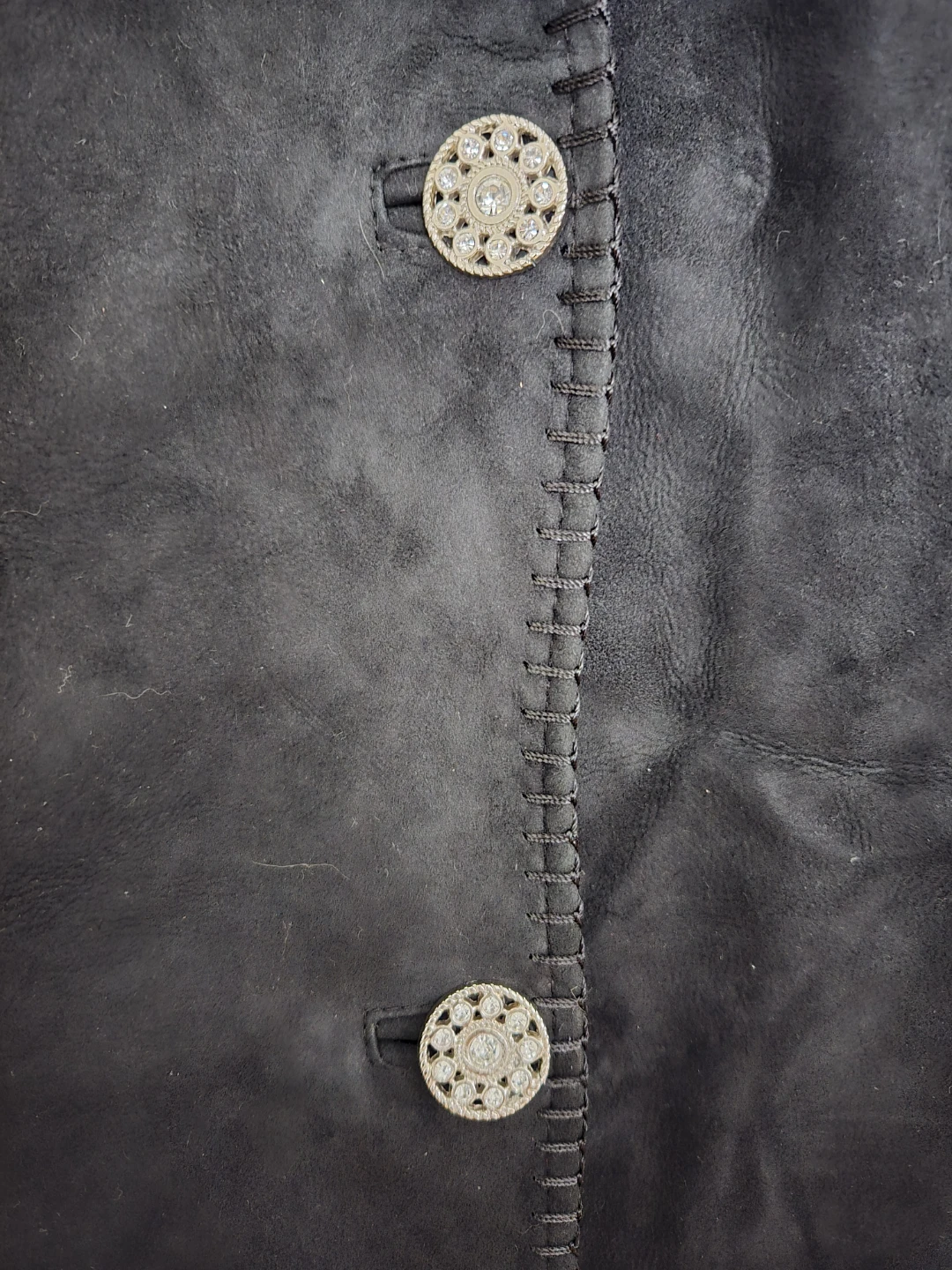 Black Suede Coat with Fur Trim and Rhinestone Accents - photo 3