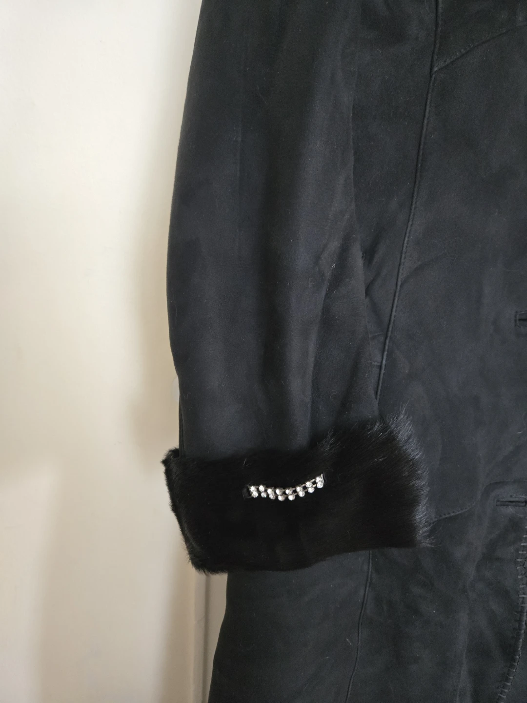 Black Suede Coat with Fur Trim and Rhinestone Accents - photo 5