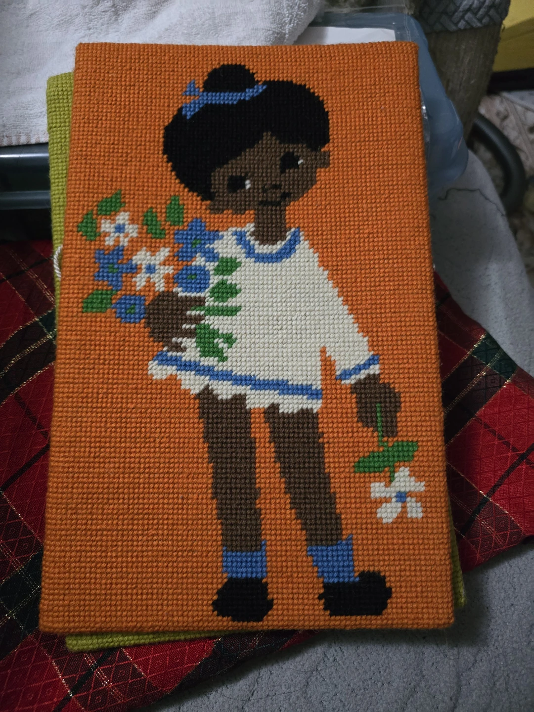 Handmade Needlepoint Art - Girl  with Flowers Boy kite