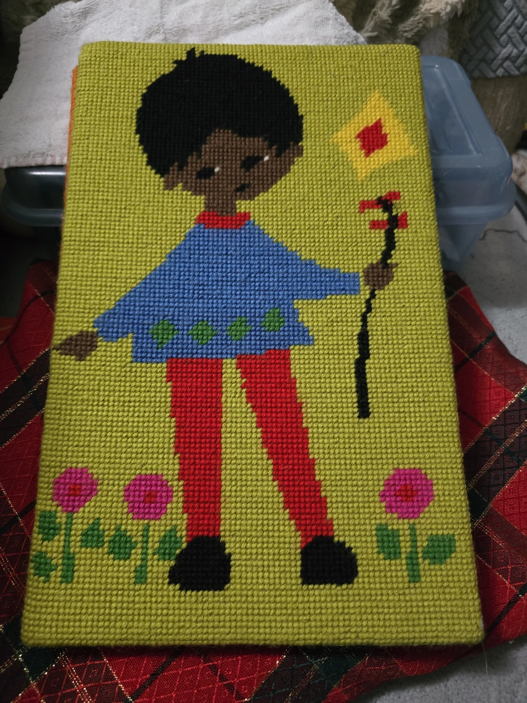 Handmade Needlepoint Art - Girl  with Flowers Boy kite - photo 2