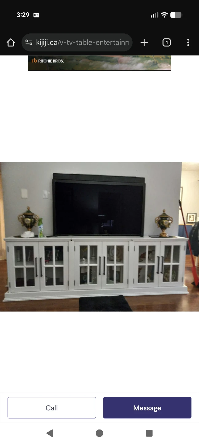 White Farmhouse Style TV Stand with Glass Doors