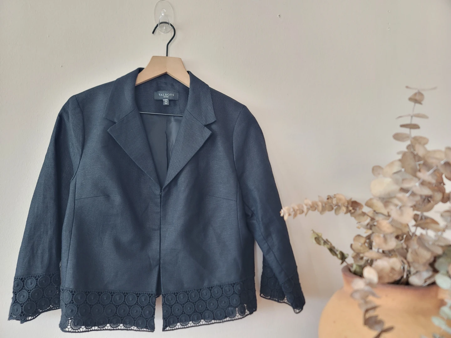 Talbots Petite Black Linen cotton Blazer with Lace Trim Sz 10P
