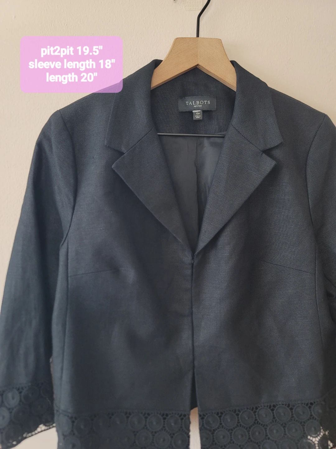 Talbots Petite Black Linen cotton Blazer with Lace Trim Sz 10P - photo 3