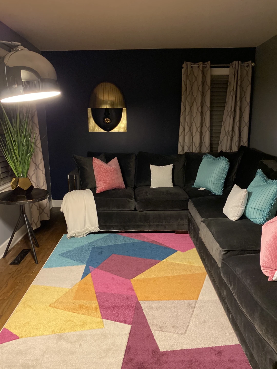Sectional Plush Couch and Geometric Area Rug