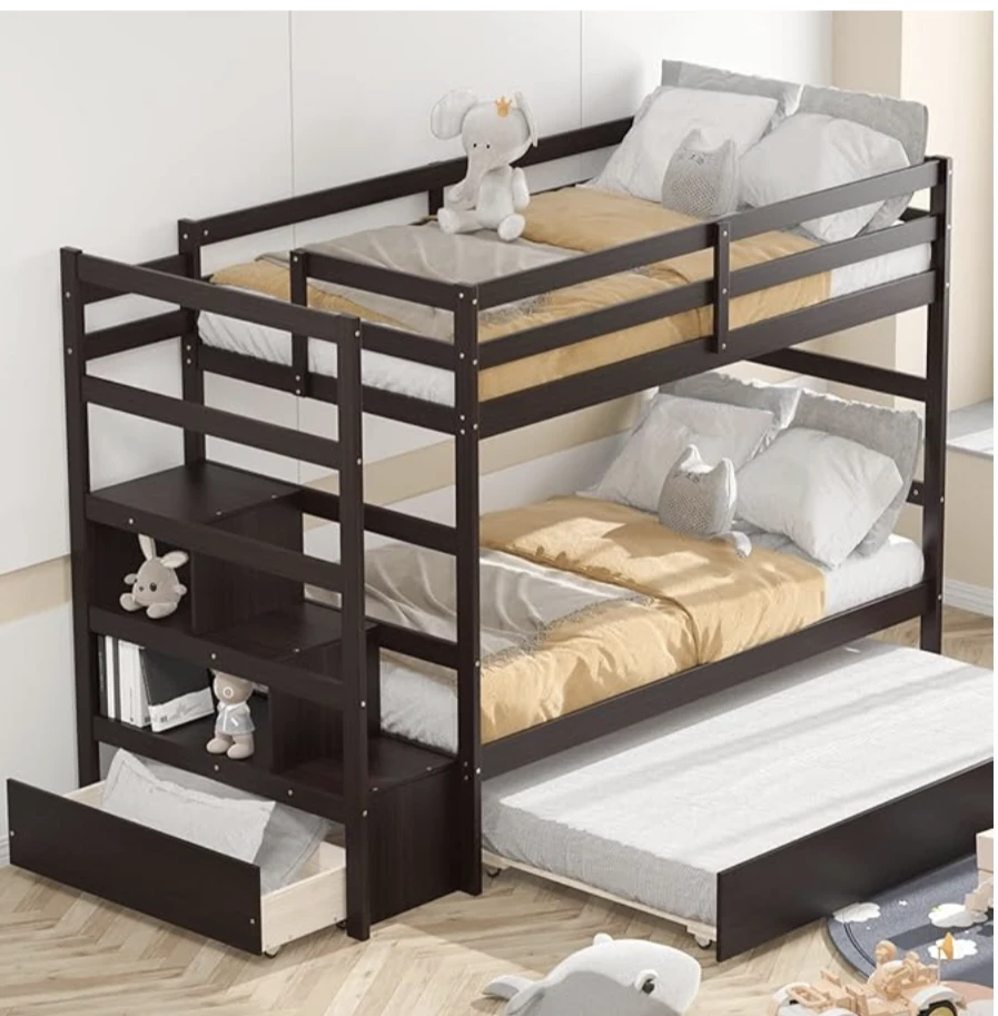 Twin Over Twin Bunk Bed with Trundle and Storage Stairs