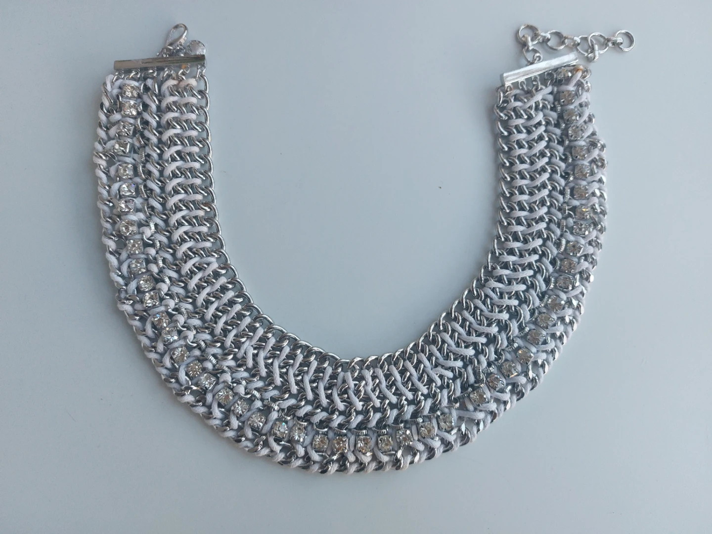 Chunky Chain Necklace with White Cording and Rhinestones