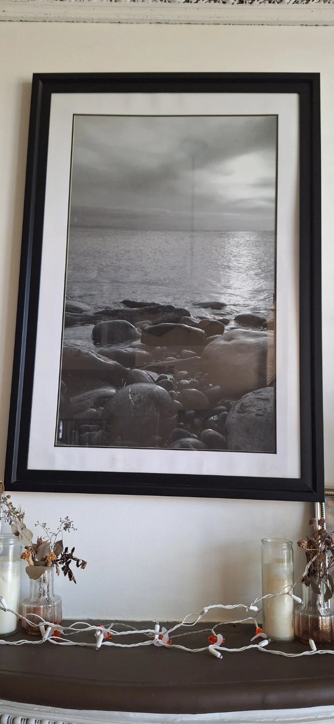 Framed Black and White Photograph of Rocky Shoreline