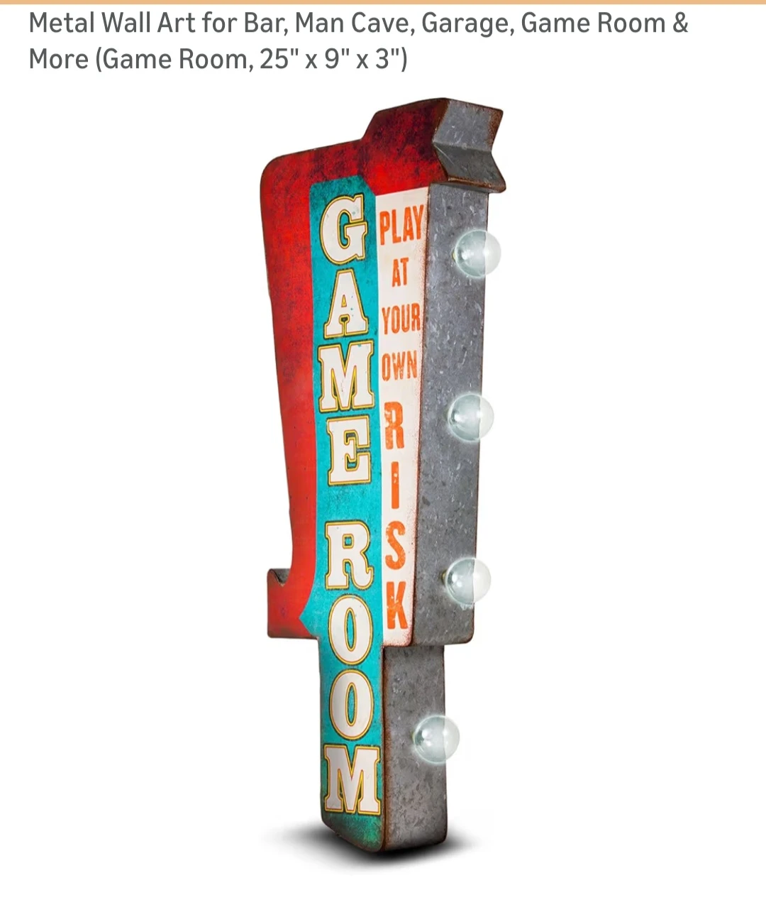 Metal Wall Art "GAME ROOM" Sign with Lights - photo 2