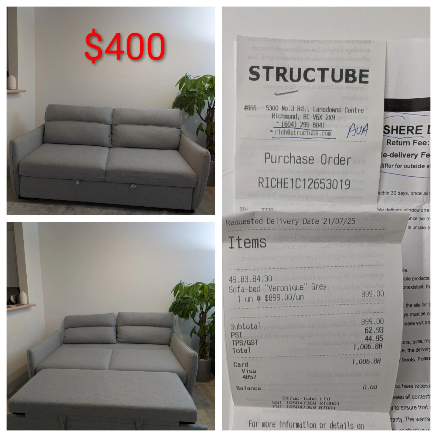 Structube Veronique Grey Sofa-bed - Like New!
