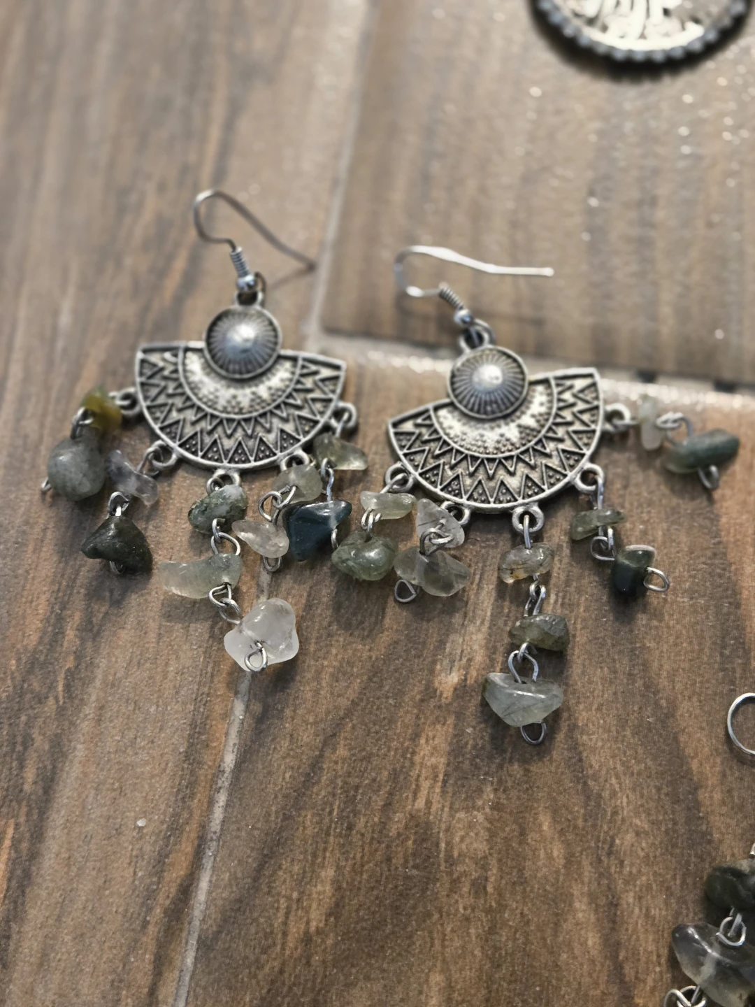 Boho Silver Tone Fan Earrings with Natural Stone Chips