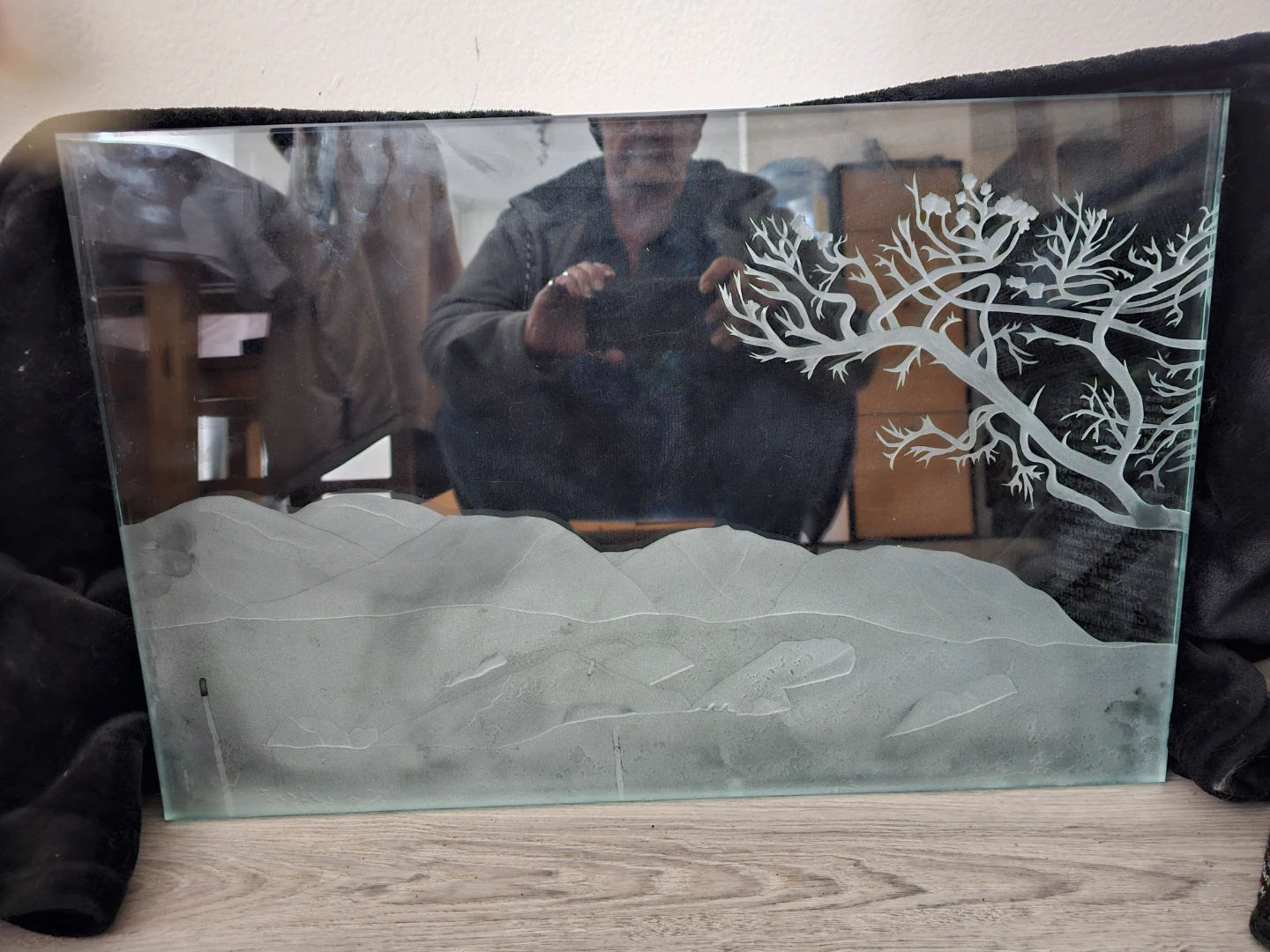 Etched Glass Panel - Tree and Mountain Scene