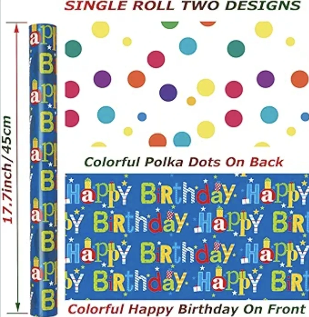 Reversible Happy Birthday Wrapping Paper Roll 17.7"×394" - photo 2