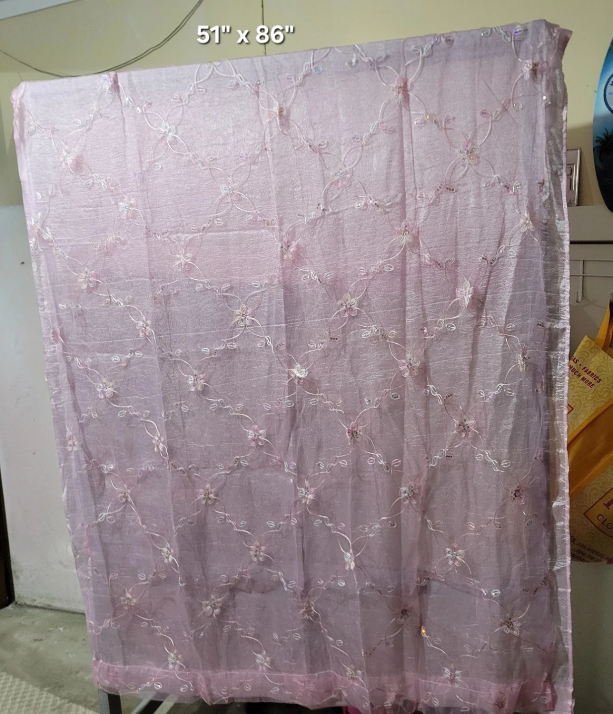 Pink Embroidered Sheer Curtains (51" W x 86" H). Two Available.