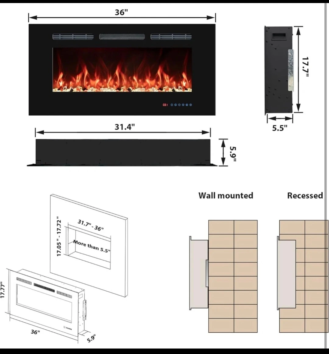 36" Electric Fireplaces Inserts Recessed & Wall-Mounted Thermost - photo 4