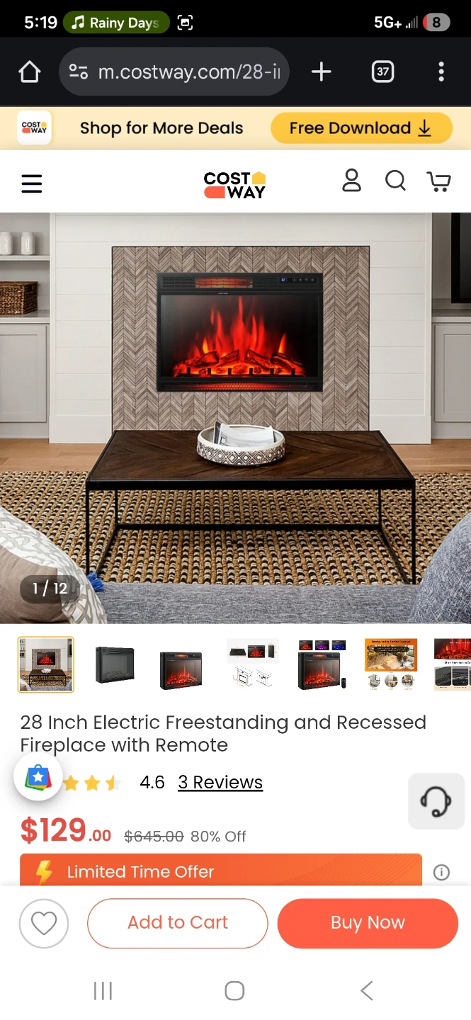 Costway 28 Inch Electric Fireplace w/Remote